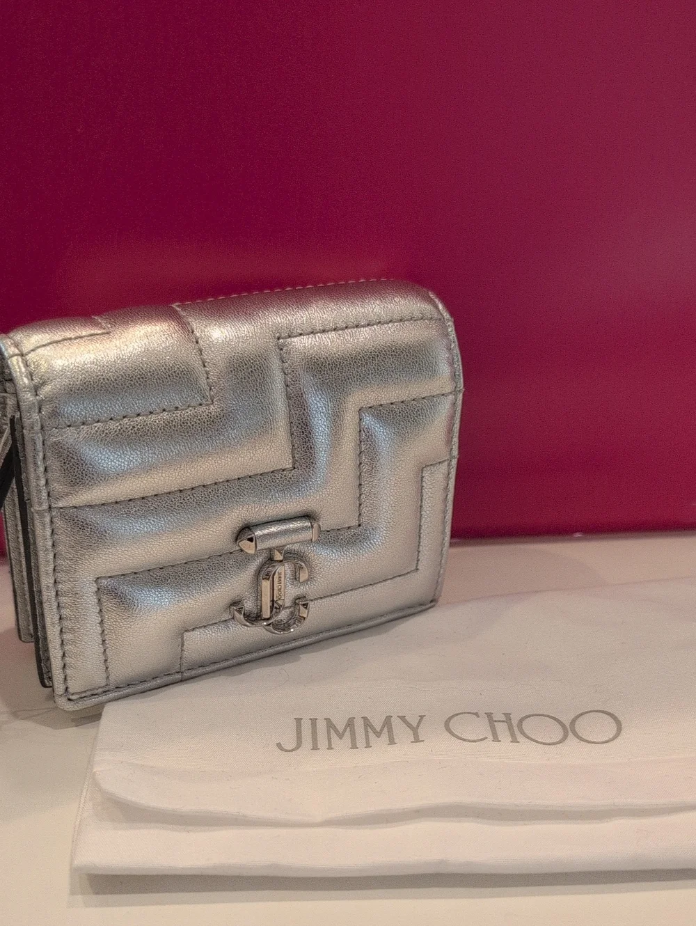 Jimmy Choo Metallic Silver Quilted Leather Mini Wallet - Picture 1 of 1